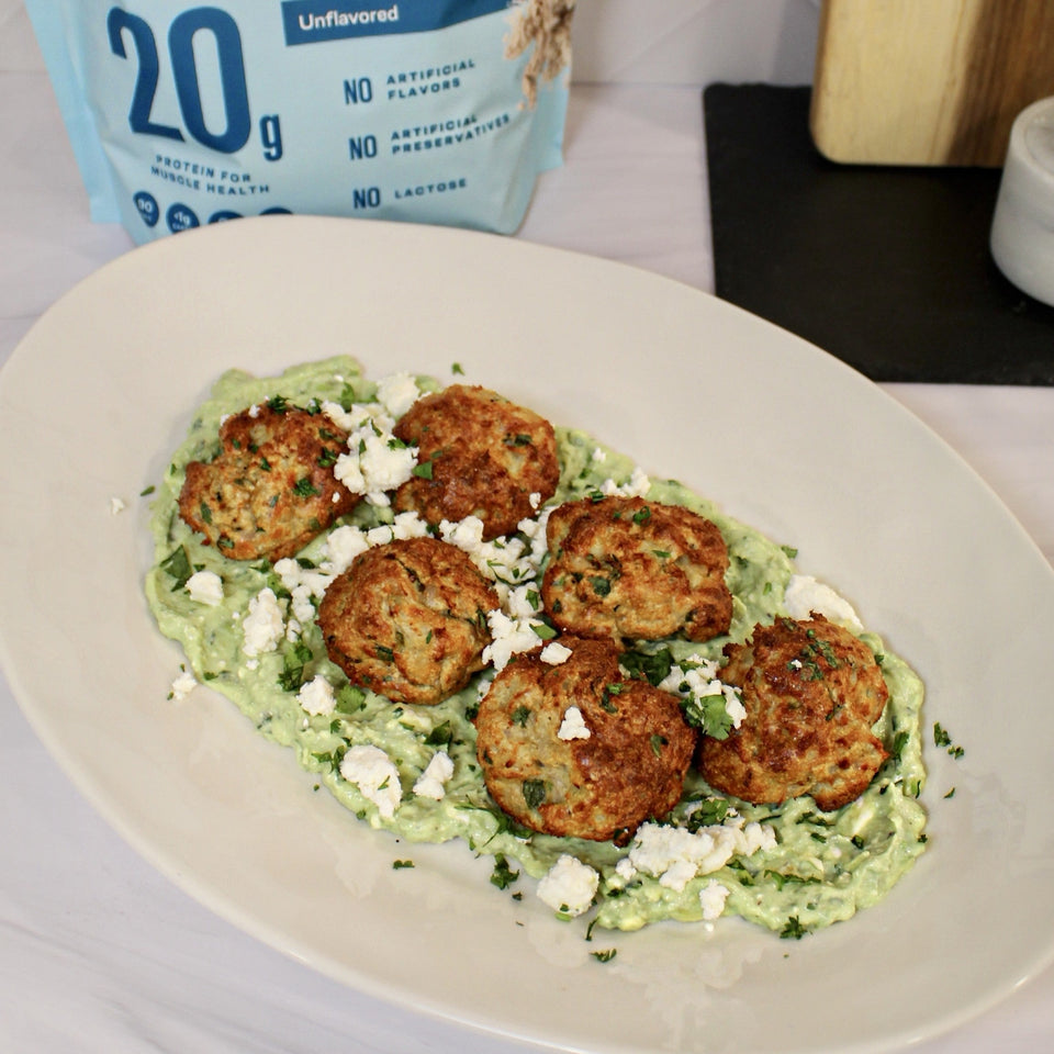 Protein-Packed Baked Chicken Meatballs with Creamy Avocado-Feta Dip