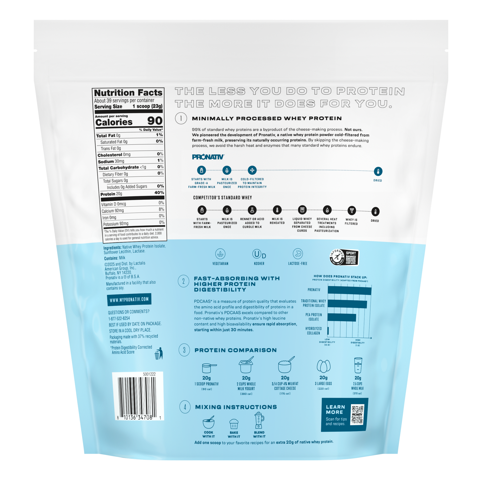 Protein powder package with nutritional information and branding on a white background