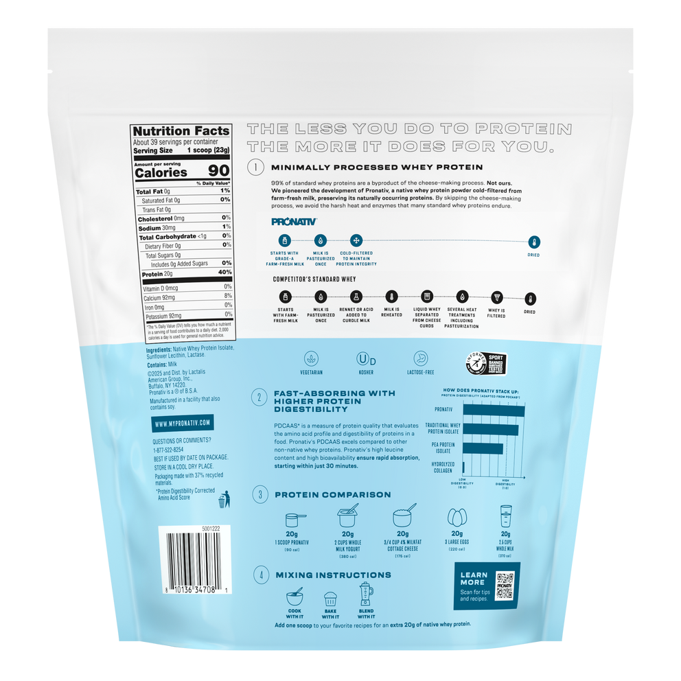 Protein powder package with nutritional information and branding on a white background