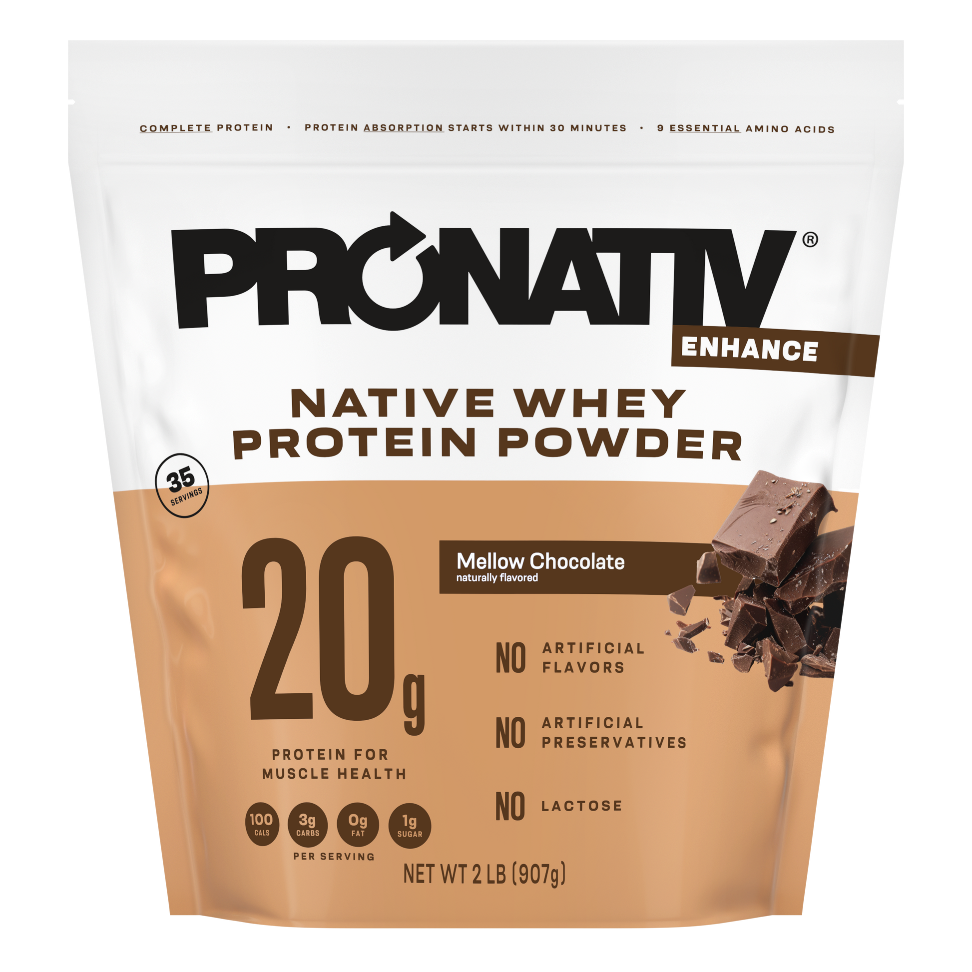 Pronativ Native Whey Protein Powder package with mellow chocolate flavor on a white background