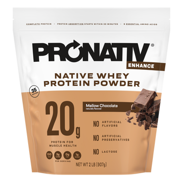 Pronativ Native Whey Protein Powder package with mellow chocolate flavor on a white background