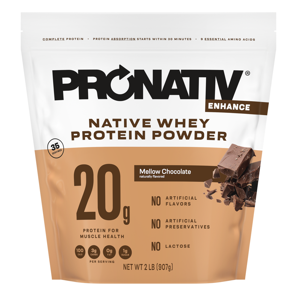 Pronativ Native Whey Protein Powder package with mellow chocolate flavor on a white background
