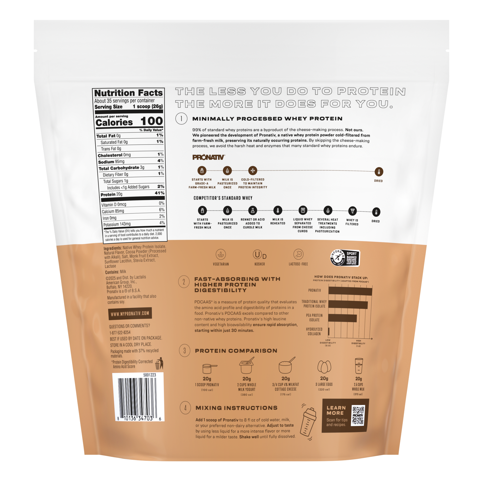 Back view of a protein powder package with nutritional information and ingredients listed.