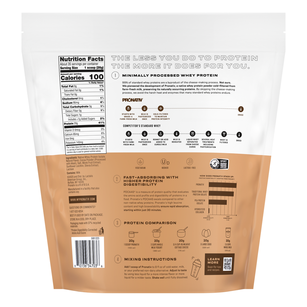 Back view of a protein powder package with nutritional information and ingredients listed.