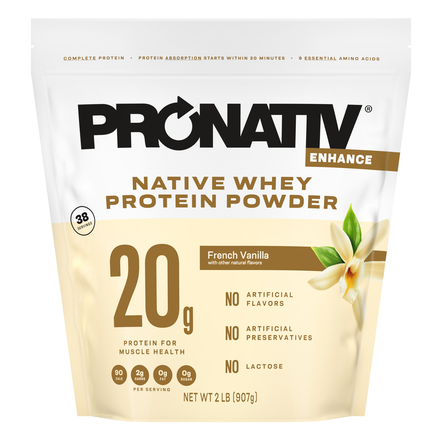 Pronativ Native Whey Protein Powder package with vanilla flavor and protein content details.