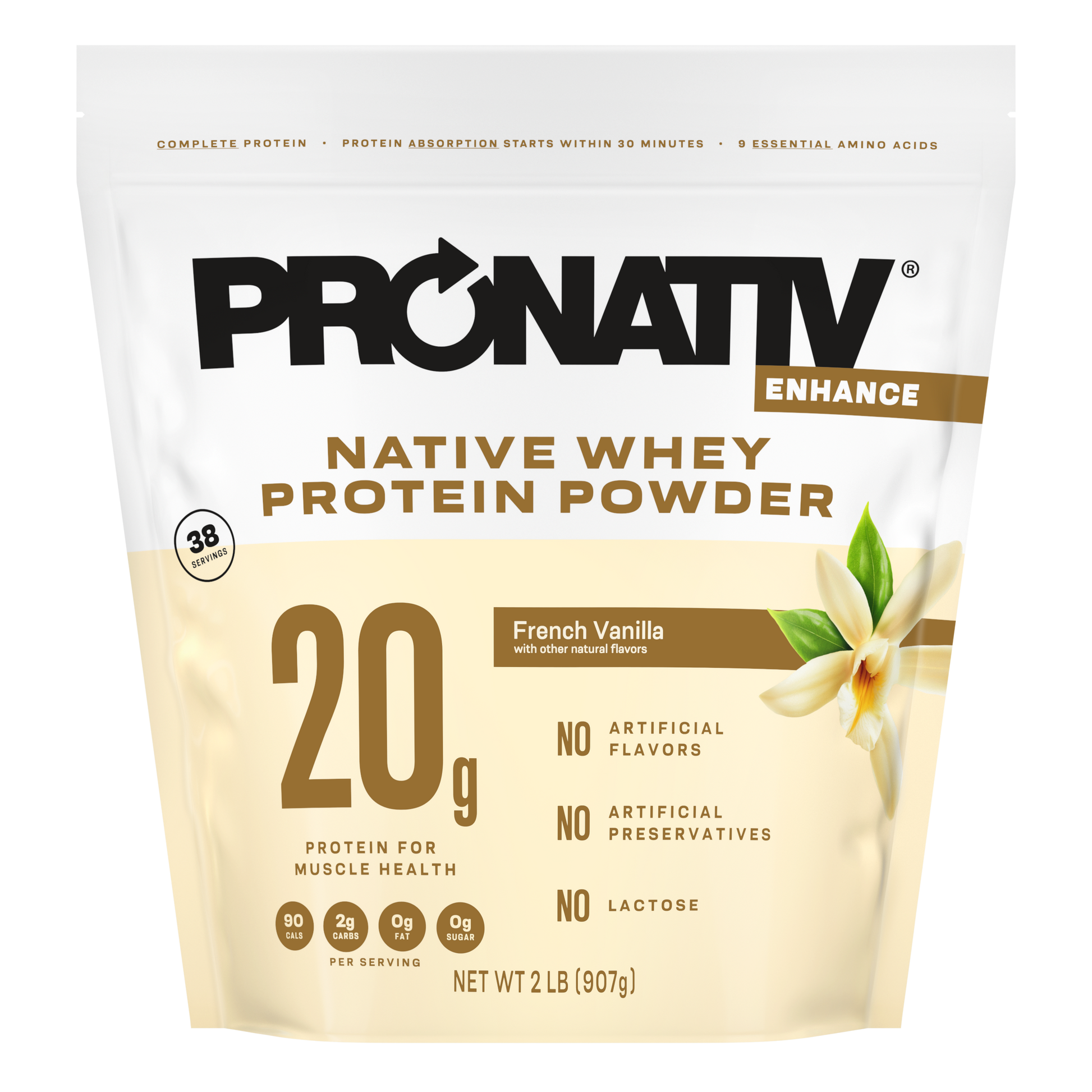 Pronativ Native Whey Protein Powder package with vanilla flavor and protein content details.