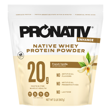 Pronativ Native Whey Protein Powder package with vanilla flavor and protein content details.