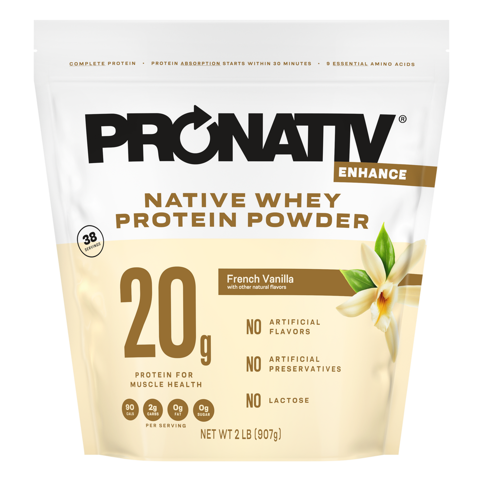 Pronativ Native Whey Protein Powder package with vanilla flavor and protein content details.