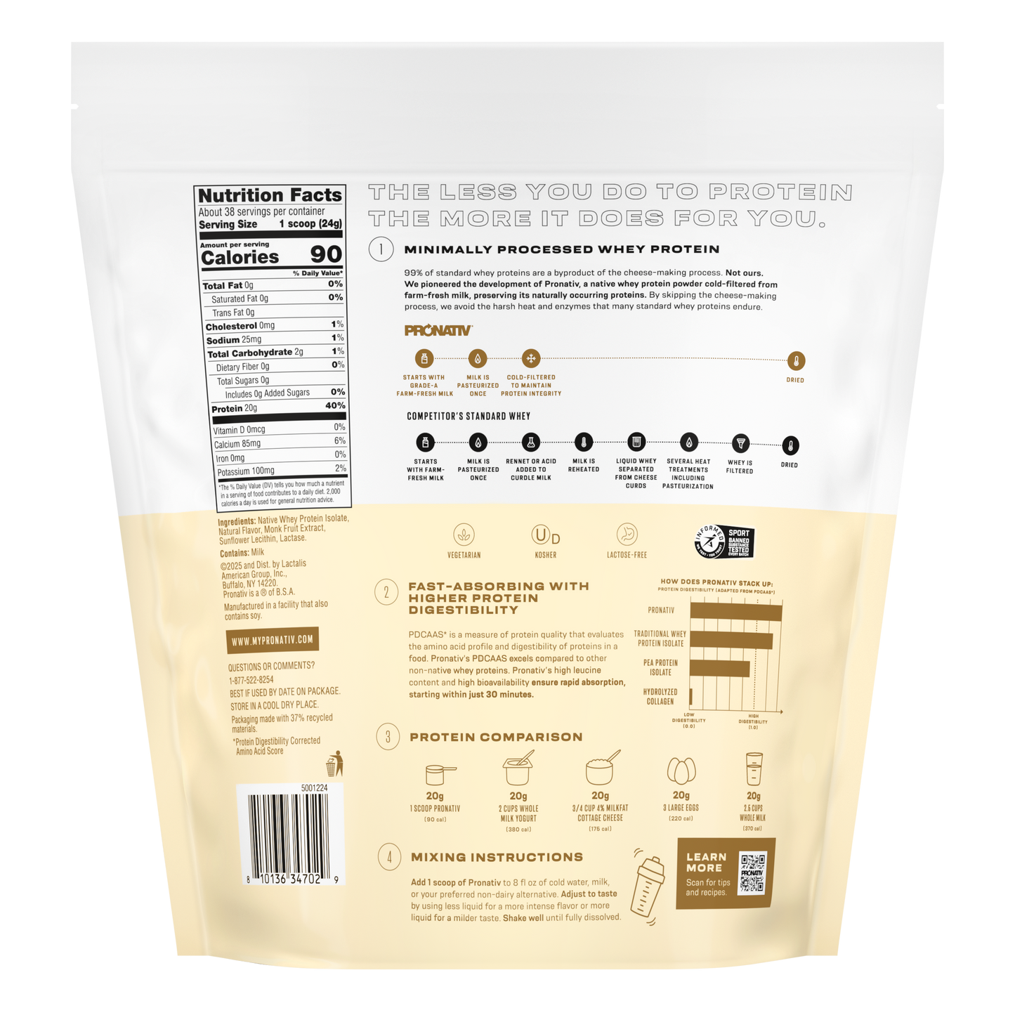 Back view of a protein powder package with nutritional information and branding details.
