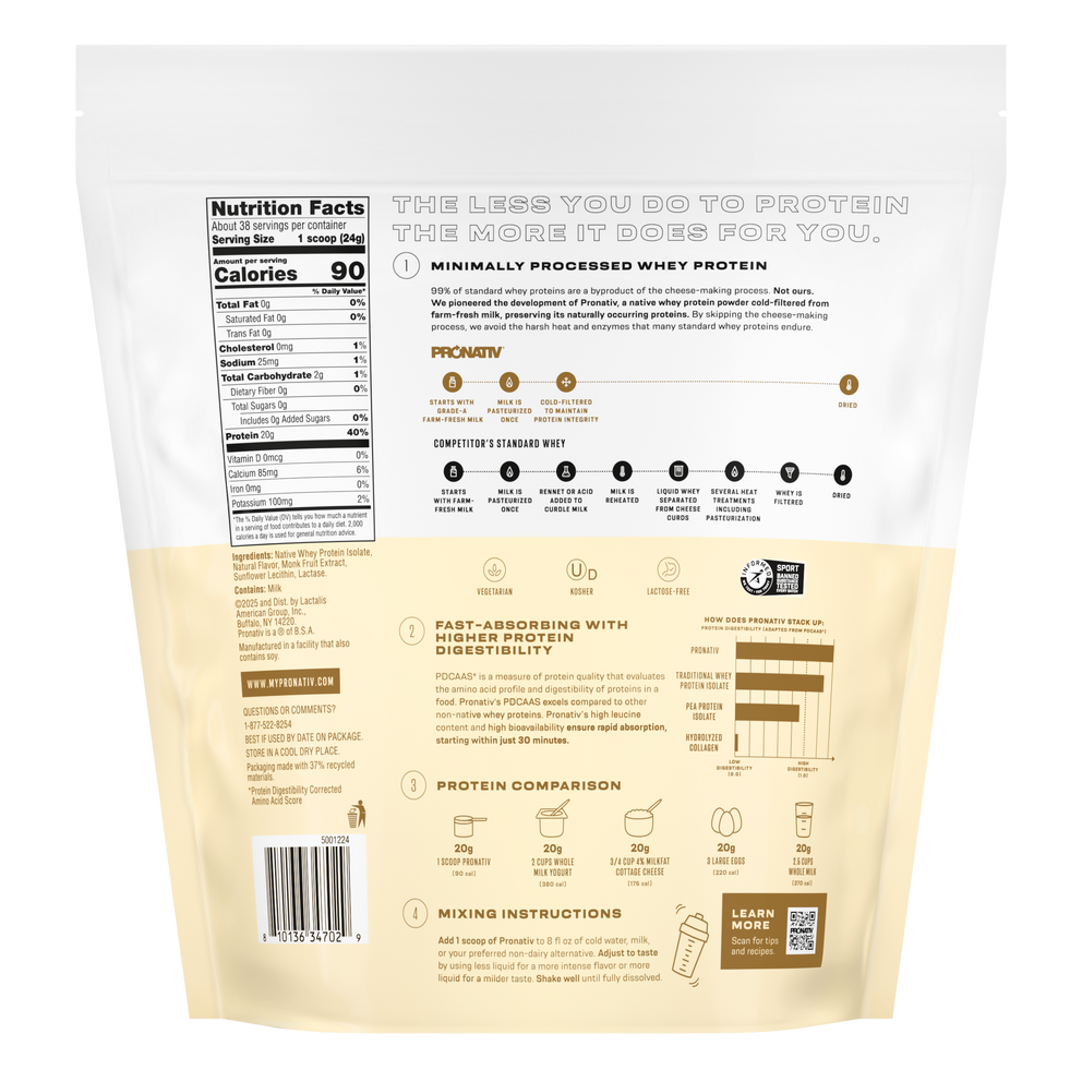 Back view of a protein powder package with nutritional information and branding details.