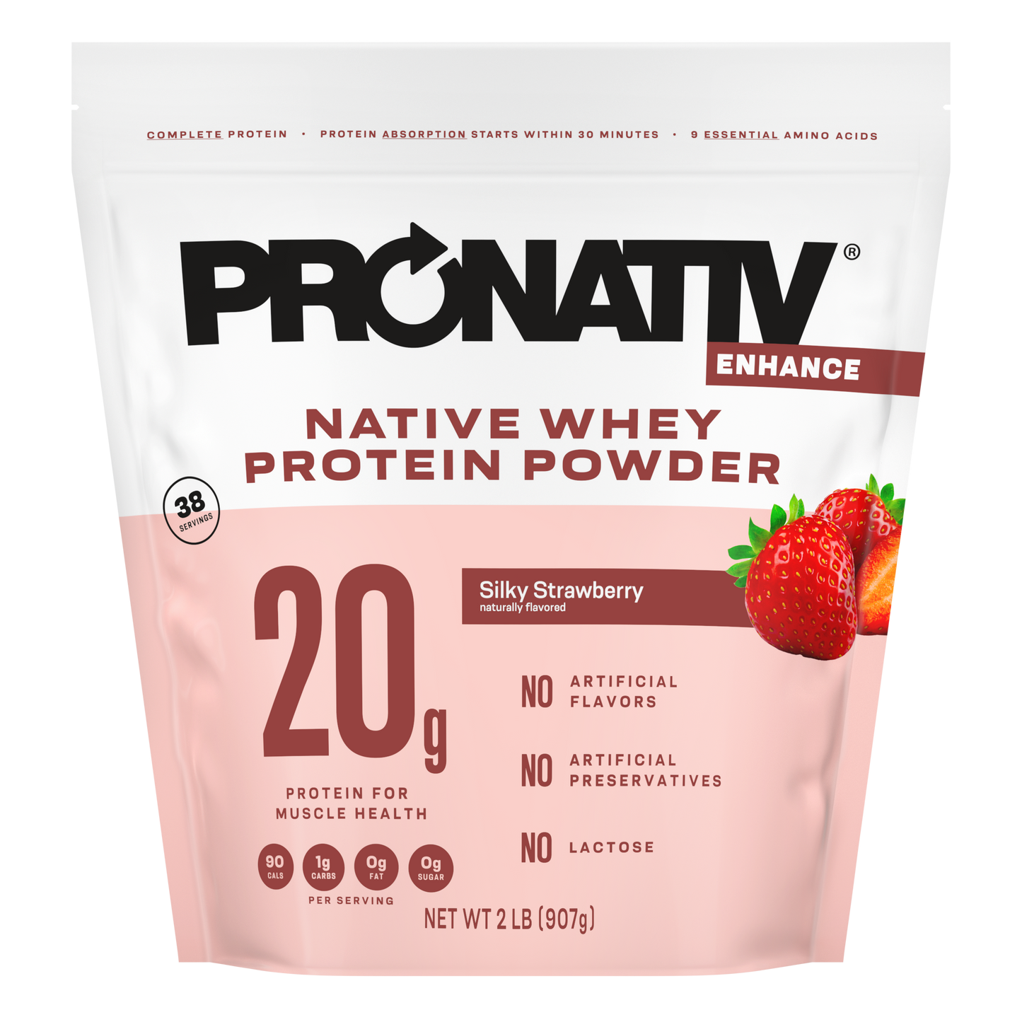 Pouch of Pronativ Native Whey Protein Powder in Silky Strawberry flavor on a white background
