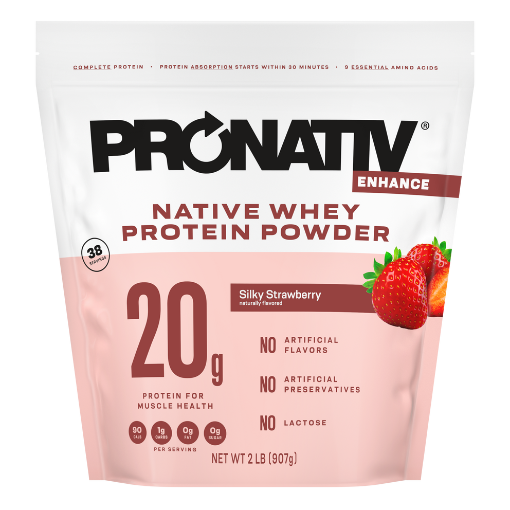 Pouch of Pronativ Native Whey Protein Powder in Silky Strawberry flavor on a white background