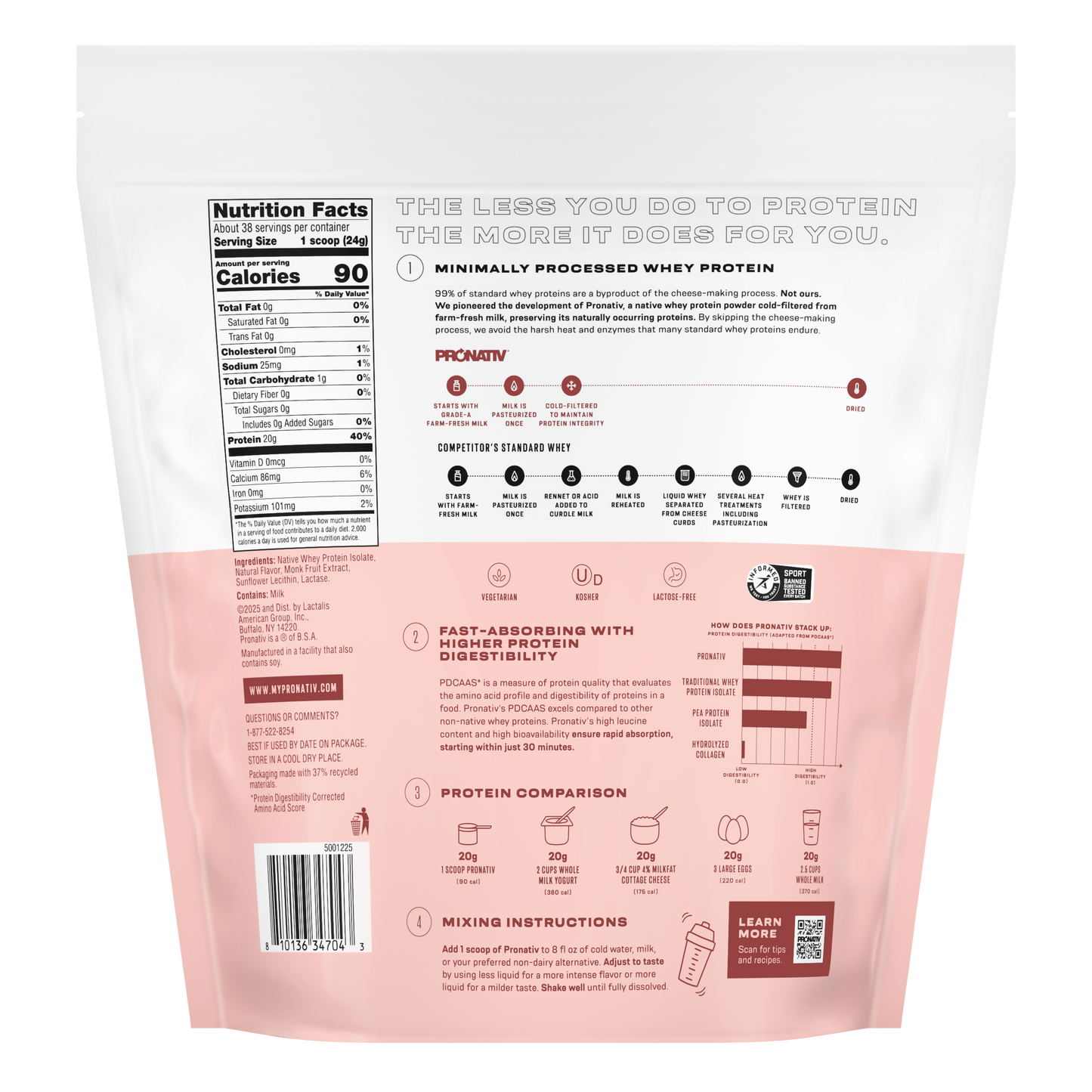 Back view of a protein powder package with nutritional information and branding details.