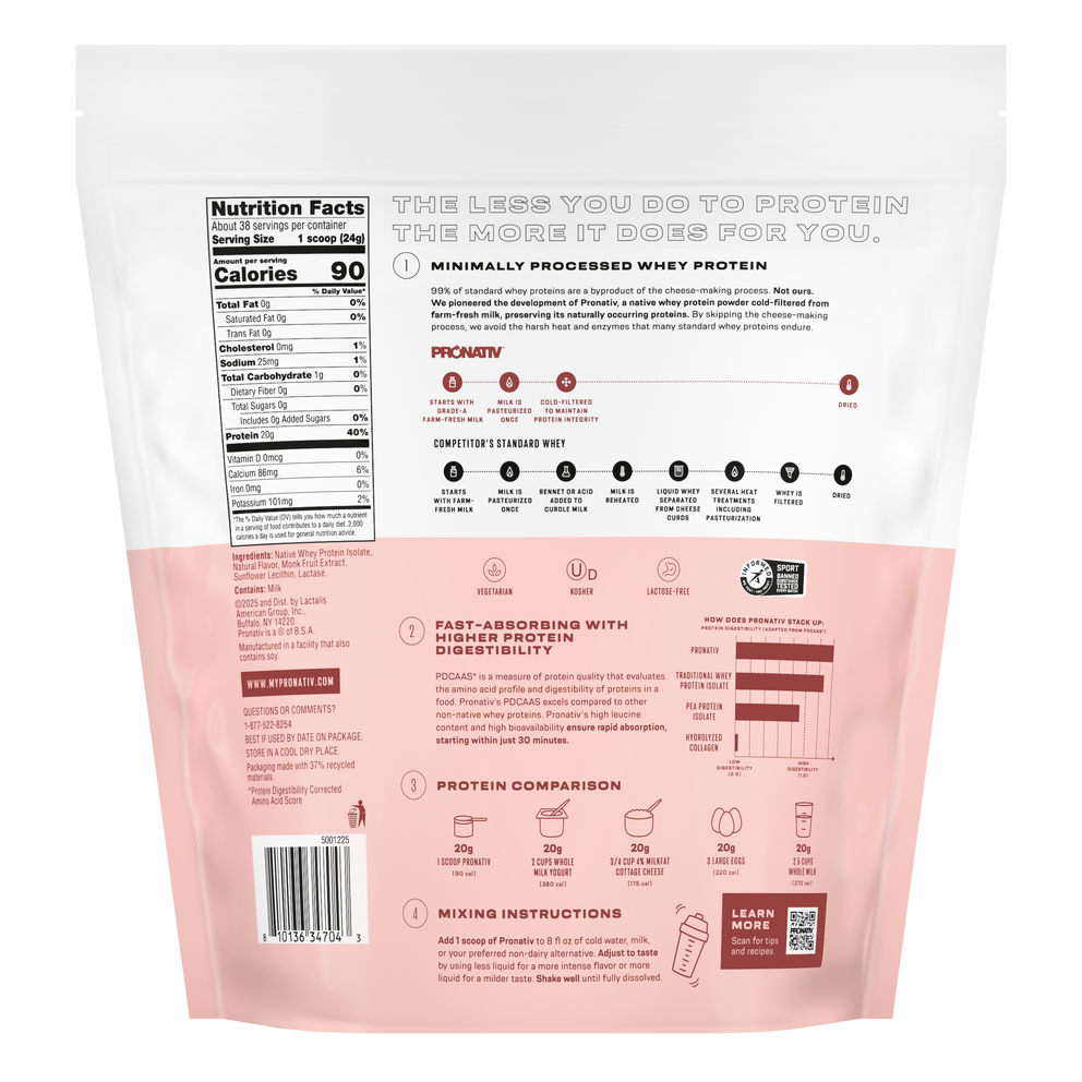 Back view of a protein powder package with nutritional information and branding details.