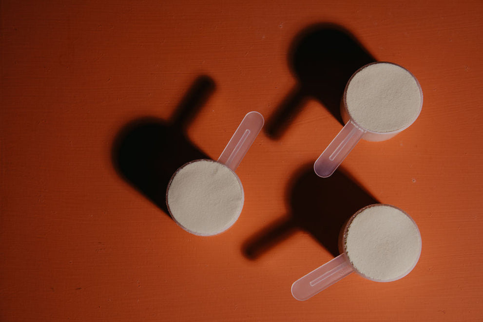 Three compact scoops of protein powder on an orange background