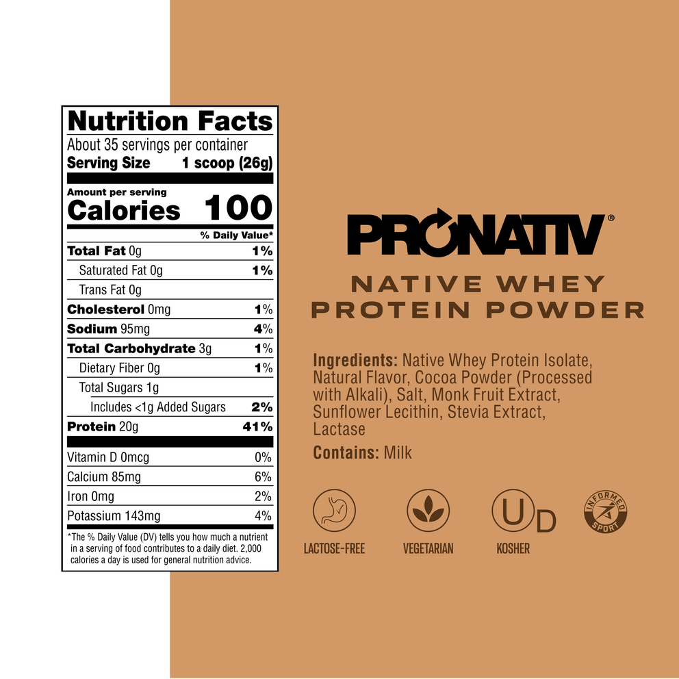 Pronativ Native Whey Protein Powder label with nutrition facts and ingredients list.