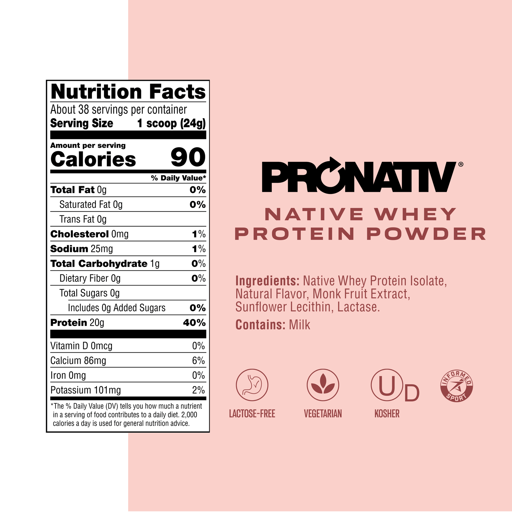 Pronativ Native Whey Protein Powder label with nutrition facts and ingredients on a pink background