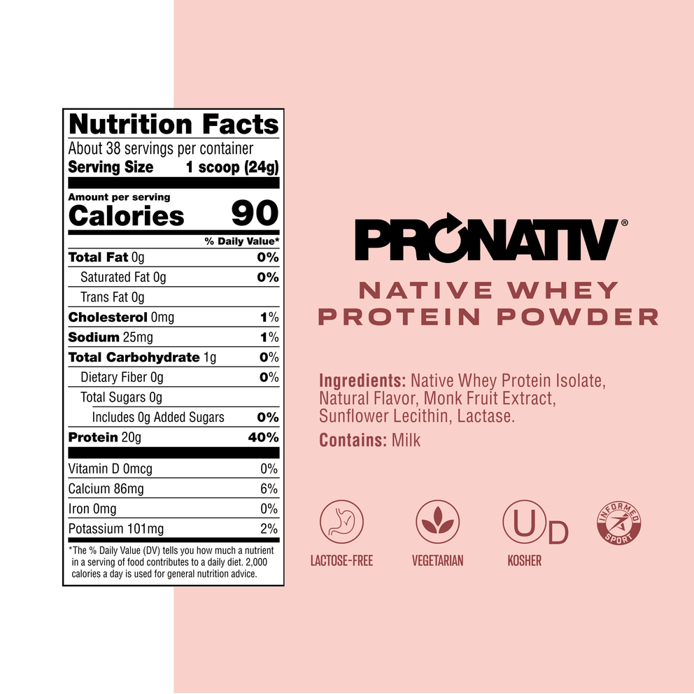 Pronativ Native Whey Protein Powder label with nutrition facts and ingredients on a pink background