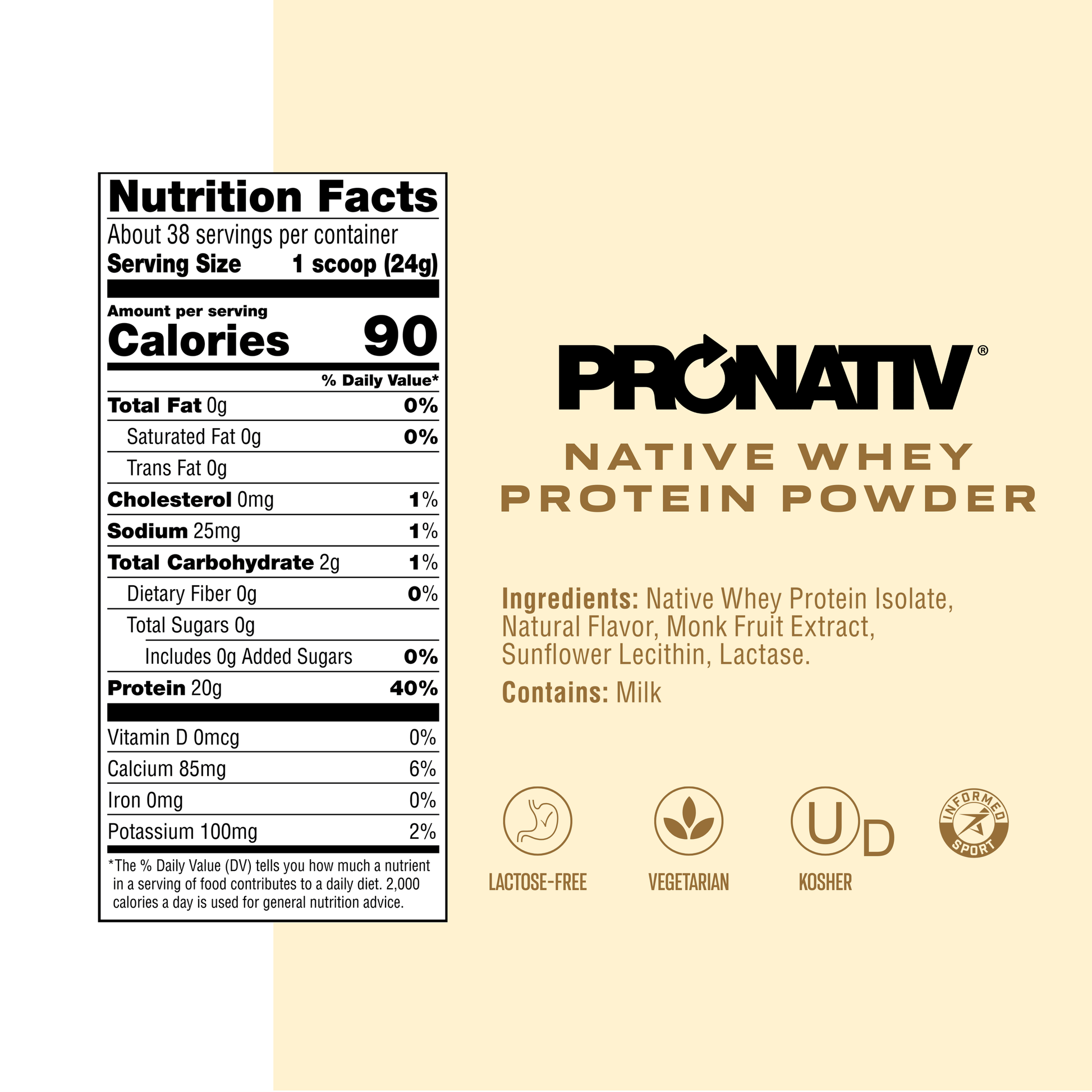 Pronativ Native Whey Protein Powder label with nutrition facts and ingredients on a beige background