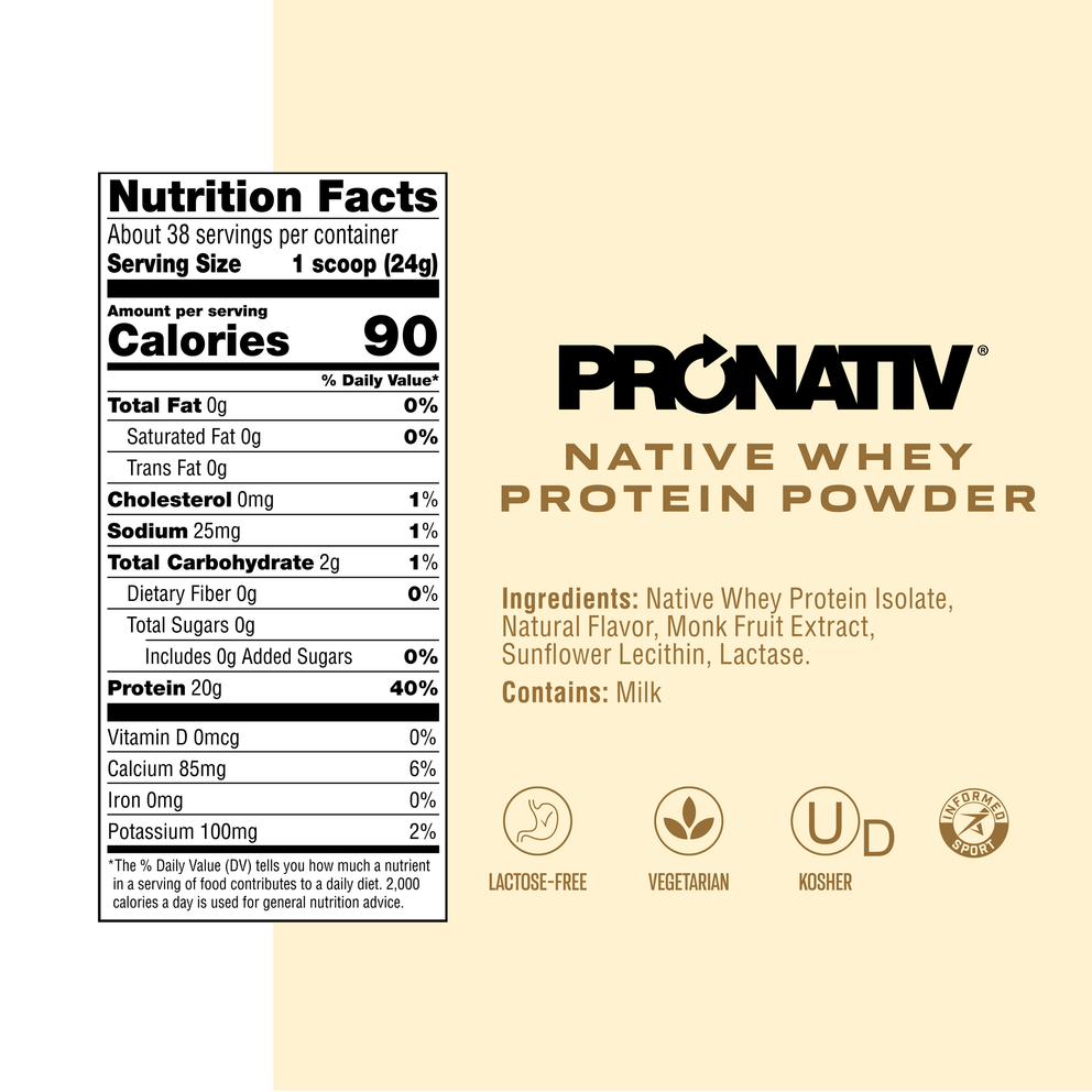 Pronativ Native Whey Protein Powder label with nutrition facts and ingredients on a beige background