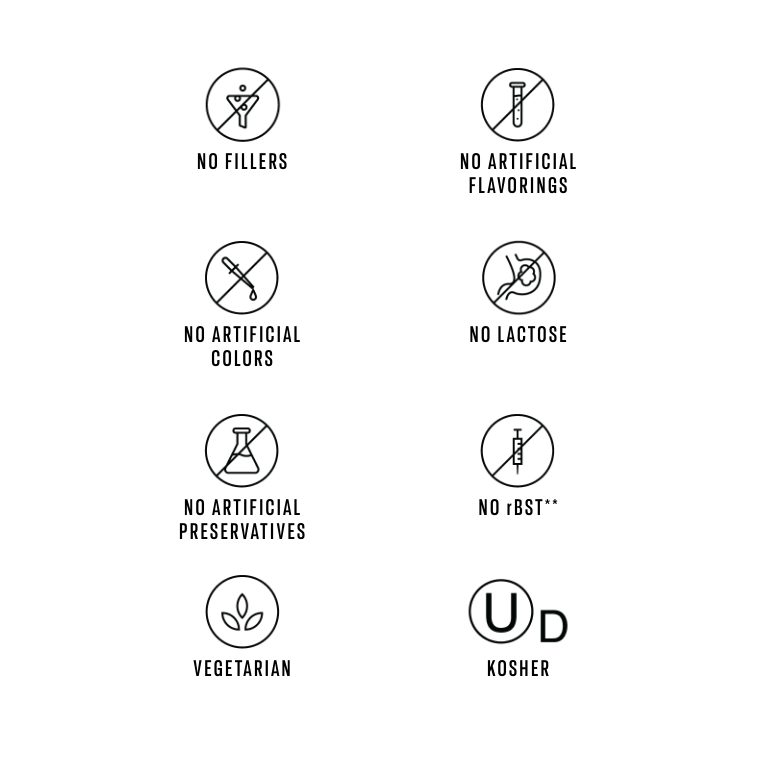 Set of icons indicating food product attributes on a white background